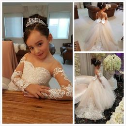 Ivory Flower Girls Dresses For Weddings Lace Appliques Beads Long Sleeves Girl Wedding Dress Sashes Cheap Toddler Pgeant Gowns3171