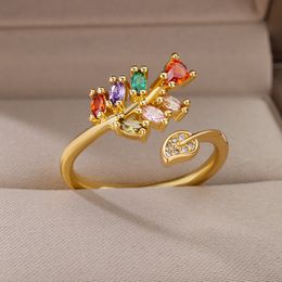 Colorful Zircon Leaves Rings for Women Stainless Steel Gold Color Ring Romantic Wedding Vintage Aesthetic Jewelry bague femme