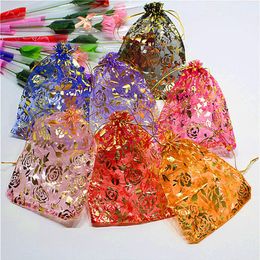 100pcs Gold Rose Organza Packing Bags Jewellery Pouches Favor Holders Wedding Party Christmas Gift Bag 5 x 7 inch248I