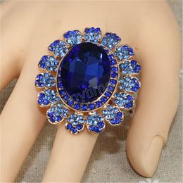 New Exaggerated Big Flower Black Crystal Rings for Women Bridal Stylish Luxury Ring Wedding Engagement Party Jewellery Gift