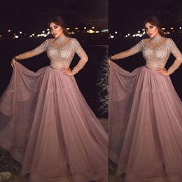 2021 Sexy High Neck Dusty Pink Muslim Evening Dresses Wear illusion Long Sleeves Crystal beaded Plus Size Tulle Arabic Formal Dres231K
