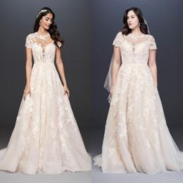 Oleg Cassini Wedding Dress Davids bridal 2019 Sheer Jewel Neck Lace Applique Plus Size Cap Sleeve Garden Country Bridal Wedding Dr214a
