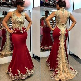 2019 Sexy Burgundy Mermaid Evening Dresses Gold Lace Applique Beads Sweep Train Jewel Neck Sheer Back Sleeveless Plus Size Party P260S