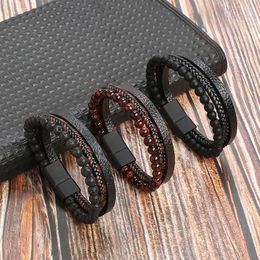 Strand High Quality Leather Bracelet Men Classic Fashion Red Tiger Eye Beaded Multi Layer For Jewelry Gift