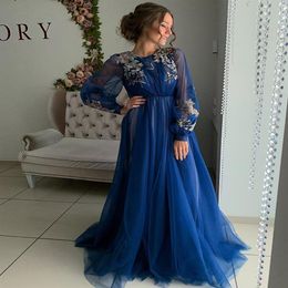 Blue Appliqued Long Sleeves Evening Dresses Jewel Neck Pleated Arabic Plus Size Prom Gowns A Line Floor Length Tulle Formal Dress2539