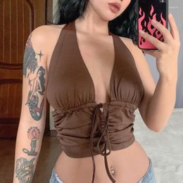 Women's Tanks 2023 Brown Camis Ruched Tie Up Crop Top Y2k Harajuku Tank Backless Halter Cute Bustier Women Cropped Slim Streetwear