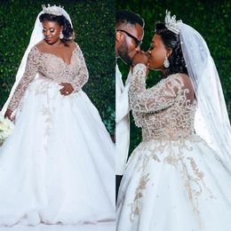 Plus Size African Wedding Dresses 2021 Luxury Beaded Lace Long Sleeve Princess Church Garden Bridal Dress robe mariage191H
