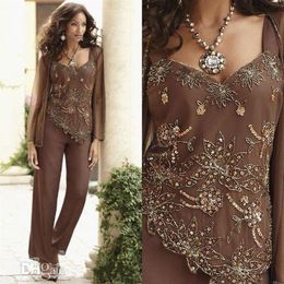 Classy Beaded Mother Of The Bride Pant Suits With Jackets V Neck Wedding Guest Dress Sequined Plus Size Chiffon Mothers Groom Dres275D