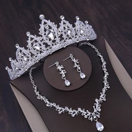 Bridal gown headpieces high-end wedding crown necklace and earrings three-piece set white crystal inlaid rhinestones party 274P