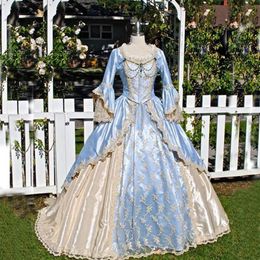 Vintage Ball Gown Victorian Dress Medieval Gothid Bridal Gown Champagne Light Sky Blue Long Bell Sleeves Appliques Scoop Neck Cust232g