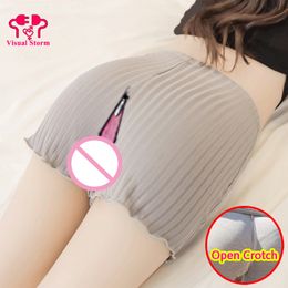 Woman Super Sexy Open Crotch Leggings with Double Hidden Zipper Crotchless Mini Safe Underwear Couple Outdoor Sex Costume Briefs