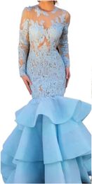 Ruffles Lace Prom Dresses with Long Sleeve Modest Sheer Jewel Neck Open Back Mermaid Fishtail Sky Blue Evening Gowns Wear