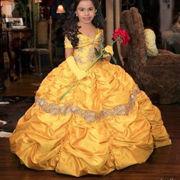 Yellow Retro Princess Ball Gown Flower Girl Dresses Lace Taffeta Little Girl Pageant Dresses 2022 Toddler Party Gowns2518