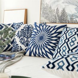 Home Decor Embroidered Cushion Cover Navy Blue White Geometric Floral Canvas Cotton Suqare Embroidery Pillow Cover 45x45cm LJ20121239P