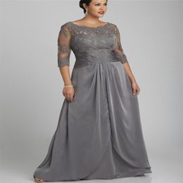 2021 Popular Style Plus Size Gray Mother of the Bride Dress 3 4 Sleeve Scoop Neck Lace Chiffon Floor Length Formal Gowns Custom273f