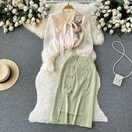 Two Piece Dress New Summer Elegant Flower Embroidered Gemstone Chiffon Mesh Bow Collar Shirt Blouse + Green Buttons Bodycon Skirt Two Piece Set 2023