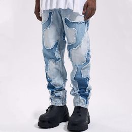 Men's Jeans Autumn Men Light Blue Patched Distressed Denim Pants Streetwear