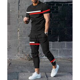 Men's Tracksuits Men's T-shirt Pants Tracksuit Stripe 3D Print T Shirts Trousers Sets 2 Pieces Fashion Streetwear Male Oversized Suits Sportswear 230721