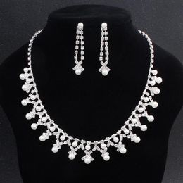 2022 Bling Peals Bridal Jewellery Set Silver White Plated Necklace Pearl earrings Wedding jewellery sets for bride Bridesmaids women2268