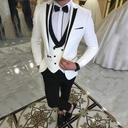 Latest White Suits for Wedding Tuxedos Groom Wear Black Peaked Lapel Groomsmen Outfit Man Blazers Three Piece Suit294R