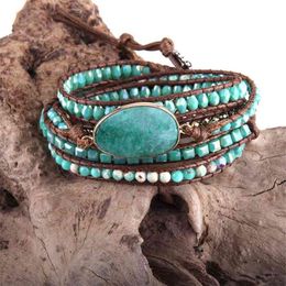 RH Fashion Leather Boho Armbander Green Mixed Natural Stones Charm 5 Strands Beaded Wrap Bracelets Drop 210918216o