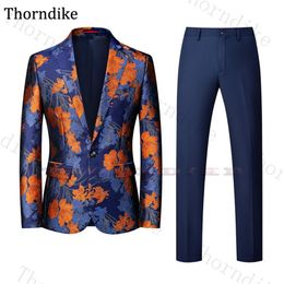 Thorndike Floral Print Men's Wedding Suit Notched Lapel Groomsmen Tuxedos Casual Party Prom Slim Suit Men New Fashion 2 Pcs266Y