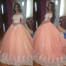 Peach Sweet 16 Quinceanera Dresses Sexy Off Shoulder Short Sleeves Ball Gown Prom Dress With Applique Corset Fluffy 2020 vestidos 199d