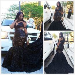 African Plus Size Prom Dresses Long Appliques Sheer Neckline Mermaid Evening Gowns Sleeves Tiered Black Girls Formal Dresses Eveni226Z