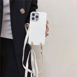 Luxury Crossbody Strap Vogue Phone Case for iPhone 14 13 12 11 Pro Max Samsung Galaxy S23 Ultra S22 Plus S23FE A54 Adjustable Lanyard Solid Leather Back Cover Anti-fall