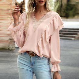 Women's Blouses Y 2023 Autumn Commuter V Neck Ruffles Long Sleeve Lace Shirt Tops For Ladies Fashion Casual Loose