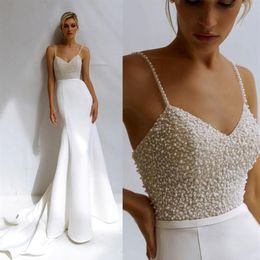 Elegant Luxury Sexy Pearl Mermaid Wedding Dresses Spaghetti Straps Sweetheart Pearls Satin Bridal Gowns Custom Made Dress Vestido 207b