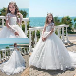 Vintage First Communion Dress Sheer Jewel Lace Appliques Tulle Ball Gown Wedding Long Sleeve Flower Girl Dresses With Pearls243S