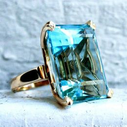 Large CZ Stone Women Cocktail Party Club Ring Accessories Square Blue Crystal Lady Wedding Date Engagement Love Token Cluster Ring320K