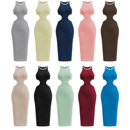 Dress designer women dress Short Sleeve DressesWomen's round neck sheath sheath hollow backless sexy I-line dress package hip thread MIDI skirt summer dress