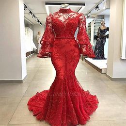 2019 Red High Neck Lace Mermaid Long Evening Dresses Flare Long Sleeves Beaded Sweep Train Prom Formal Party Dresses BC0816263f
