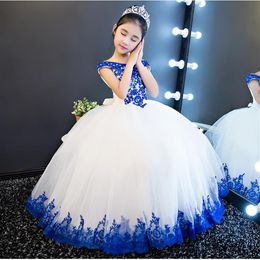 Long Princess Cinderella Flower Girl Dresses Off-the-shoulder Floor Length Ball Gown Blue Kids Pageant Gowns Newest Design Custom 2160