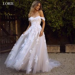 Lorie Lace A-Line Свадебное платье с плеча Appliques Summer Beach Bride Drise Princess Hown Robe de Mariee240y