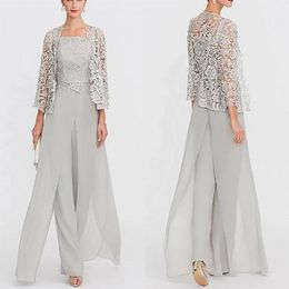 Two Pieces Jumpsuits Mother Of The Bride Dresses With Lace Jacket Silver Grey Chiffon Long Evening Party Gowns Pantsuits Plus Size244g