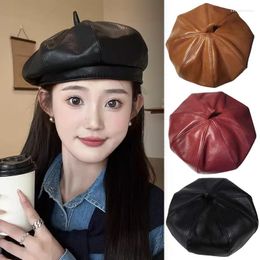 Berets Fashion Elegant Beret For Women Vintage PU Leather Hats Autumn Winter Lady Octagonal Cap Sboy Caps Panama Hat