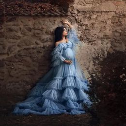 Maternity Women Evening Dresses Blue Ruffled Lace Gown for Poshoot Boudoir Lingerie Tulle Robes Bathrobe Nightwear Babydoll Rob250j