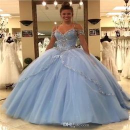 2019 Light Sky Blue Ball Gown Quinceanera Dresses Cap Sleeves Spaghetti Beading Crystal Princess Prom Party Dresses Long For Sweet2610