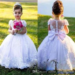 Country Flower Girl Dresses Ball Gown Jewel Cap Sleeve Floor Length Girls Pageant Dresses With Lace Applique Bow For Wedding Party286u