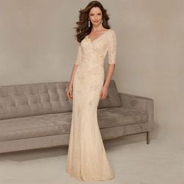 New Champagne Mother of the Bride Dresses Long Elegant Beaed Sequined Pleats V-Neck Mermaid Groom Wear Half Sleeve Lace Formal Gow278t