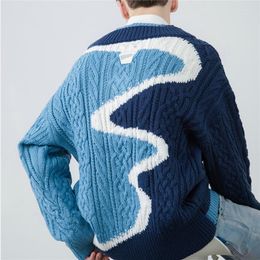 Men's Sweaters Winter Vintage Patchwork Knitted Sweater Harajuku Loose Blue V-Neck Hip Hop Streetwear Pullover Knit Men