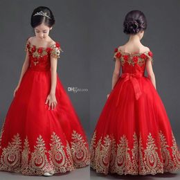 Elegant Princess Red Girls Pageant Dresses Off Shoulder Applique Floor Length Ball Gown Pageant Dresses For Teens Toddler Flower G308c