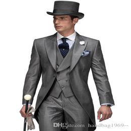 One Button Morning Style Suit Shiny Gray Groom Tailcoat Peak Lapel Mens Wedding Party Suits 3 Pieces Blazer Jacket Pants Vest Tie2041