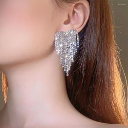 Dangle Earrings Silver Plated Full Rhinestones Crystal Heart Tassels Drop For Women Wedding Party Bridal Jewelry Gift