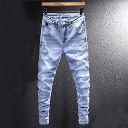 Men's Jeans Streetwear Fashion Men Retro Light Blue Spliced Designer Biker Homme Embroidery Hip Hop Stretch Denim Punk Pants