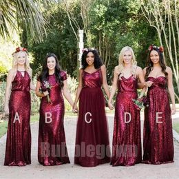 Bridesmaid Dresses 2020 Burgundy Sparkle Sequined Long Maid Of Honour Gowns Custom Made Beach Wedding Party Guest Dresses Vintage G2613