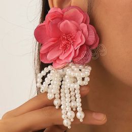 Delicate Big Pearls Flower Drop Earrings for Women Bridal Rose White Yarn Flower Statement Earrings Holiday Vacation Party Gift